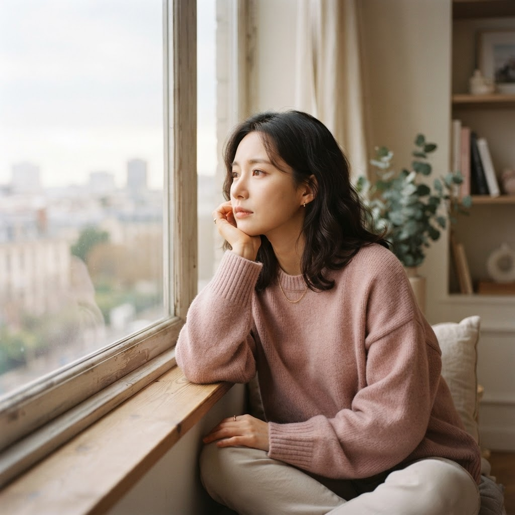 창가에서 결혼에 대해 고민하는 여성